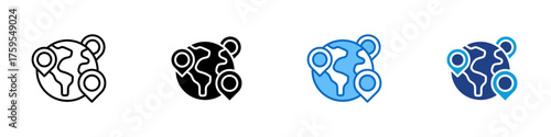 Global Location Multiple Style Icon Design Vector - Globe with multiple pins representing worldwide locations, global travel, or international mapping