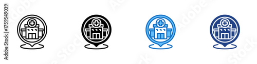 Hospital Location Multiple Style Icon Design Vector - Map pin with a hospital building and medical cross representing a healthcare facility or clinic