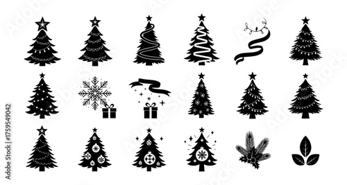Christmas tree silhouettes and festive icons for holiday designs