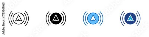 GPS Signal Multiple Style Icon Design Vector - triangular pointer with signal waves representing GPS navigation or active location tracking