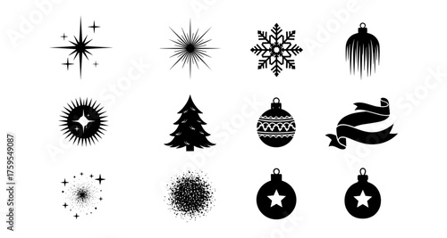 Festive christmas icons set: black silhouette designs of stars, trees, and ornaments