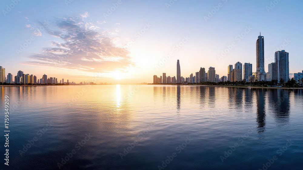 Fototapeta premium Stunning skyline at sunset reflecting on calm water, creating serene atmosphere