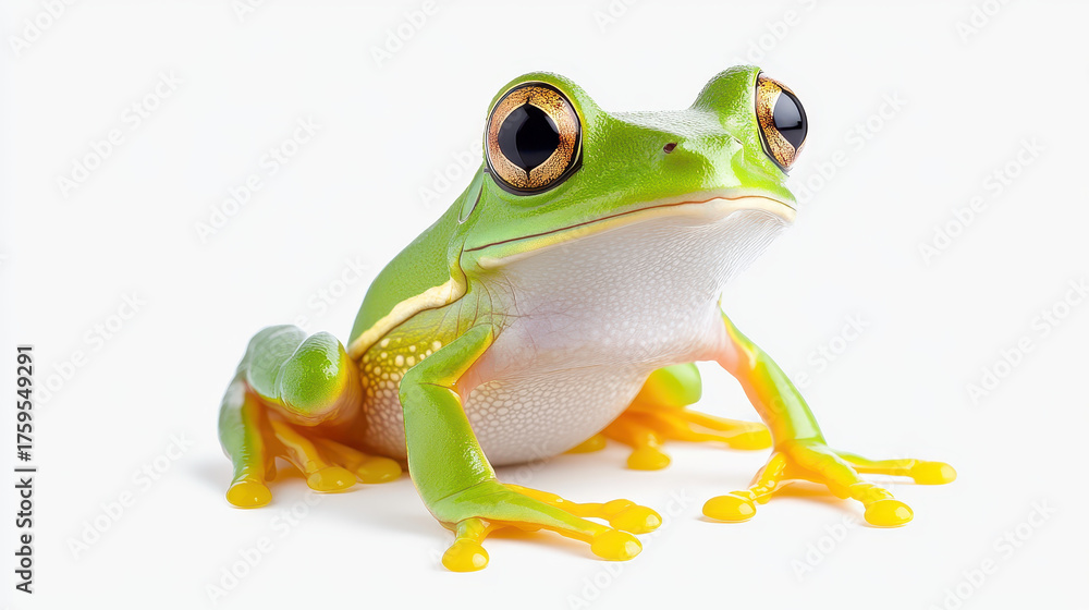 Obraz premium Green tree frog with bright yellow feet and large eyes sitting on white background, showing detailed skin texture and vibrant colors