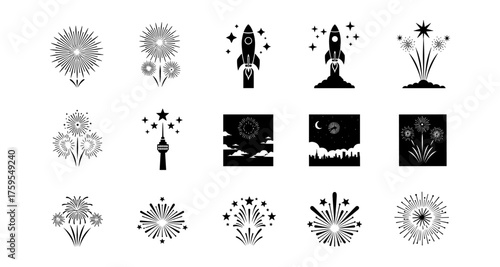 Minimal black and white fireworks and rocket silhouettes with starry night elements