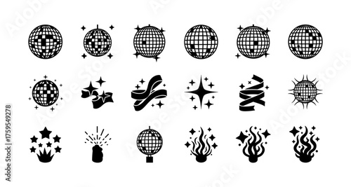 Disco ball icons collection with sparkling star accents