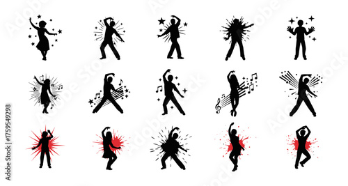 Dynamic silhouette dance poses with musical and starburst effects