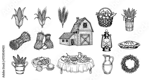 Vintage farm harvest collection: hand drawn rustic barn, produce, and tools
