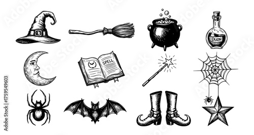 Vintage halloween icons: witch hat, broom, cauldron, spell book, moon, spider, bat, web, star