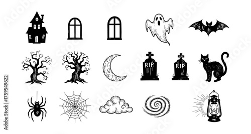 Spooky halloween icons set featuring ghosts, haunted house, and eerie decorations