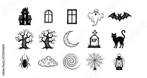 Hand-drawn halloween icons set with haunted house, ghost, and spooky elements