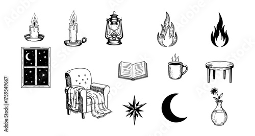 Cozy hand drawn elements for home atmosphere and comfort