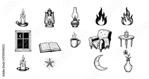 Vintage hand drawn home decor and cozy elements with moon and candlelight