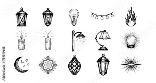 Vintage hand-drawn lighting elements and decorative icons collection