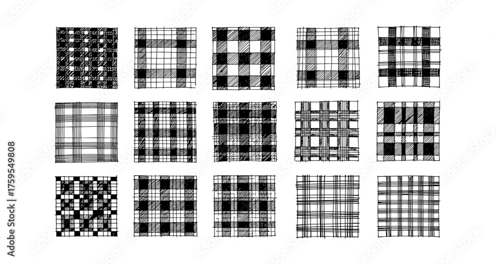 Set of hand-drawn plaid patterns in black and white minimalist style