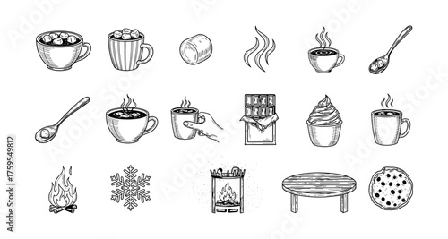 Cozy winter drinks and treats in hand-drawn style