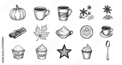 Cozy autumn coffee and spice elements in hand drawn style