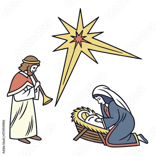 Nativity scene with figures playing music and a guiding star vector illustration
