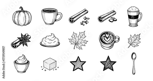 Autumn coffee and spice set in hand-drawn style with seasonal elements