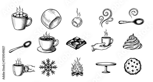 Hand drawn coffee and dessert elements in black and white