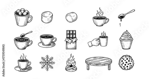 Hand drawn coffee and winter treats with variation of hot beverages and sweets