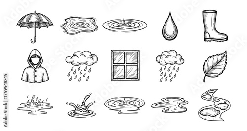 Hand drawn weather elements with rain and puddles for seasonal designs