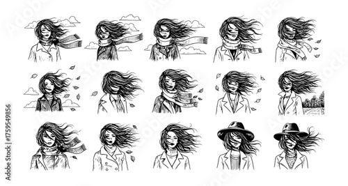 Windy day pen drawings of women with flowing hair and scarves