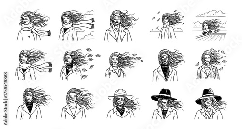 Stylish women with windblown hair in various outfits and accessories