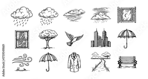 Hand-drawn sketches: weather, nature, and urban elements