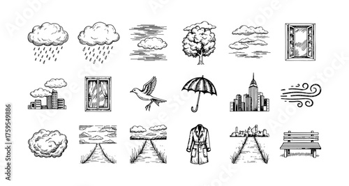 Hand drawn weather and city elements collection with buildings and nature
