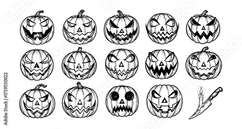 Spooky halloween pumpkin faces collection with carved jack-o-lanterns and eerie expressions