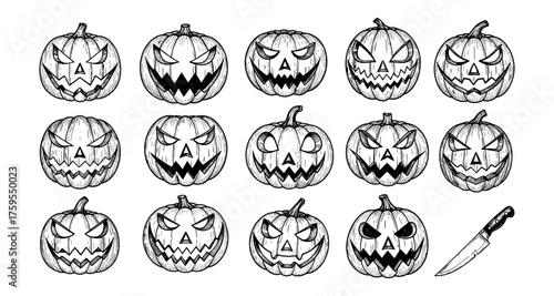 Hand drawn scary pumpkins collection with knives for halloween designs