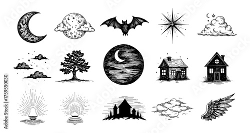Vintage nighttime elements: moon, stars, and mystical clouds in retro style