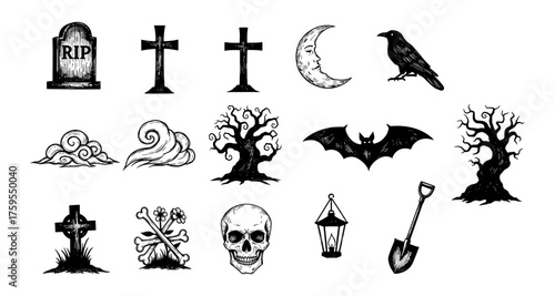 Halloween spooky elements collection: crosses, moon, raven, skull, and haunted trees in vintage style