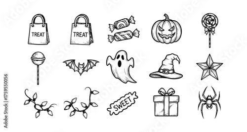 Hand drawn halloween icon set with pumpkins, ghosts, and sweets for festive design