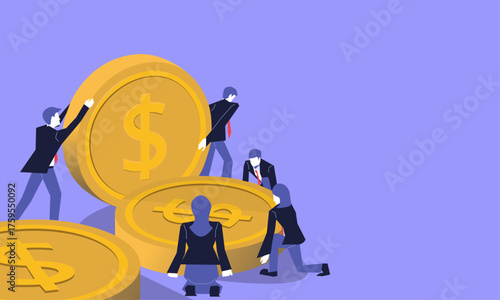 Business people pushing the golden coins illustration, business financial growth, banking managing finance and revenue.
