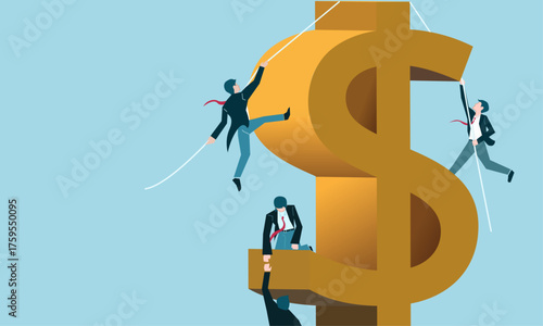 Business people climbing up golden dollar sign money illustration, business financial growth, banking managing finance and revenue. Copyspace blue background