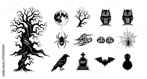 Spooky halloween icons: trees, owls, and more in monochrome