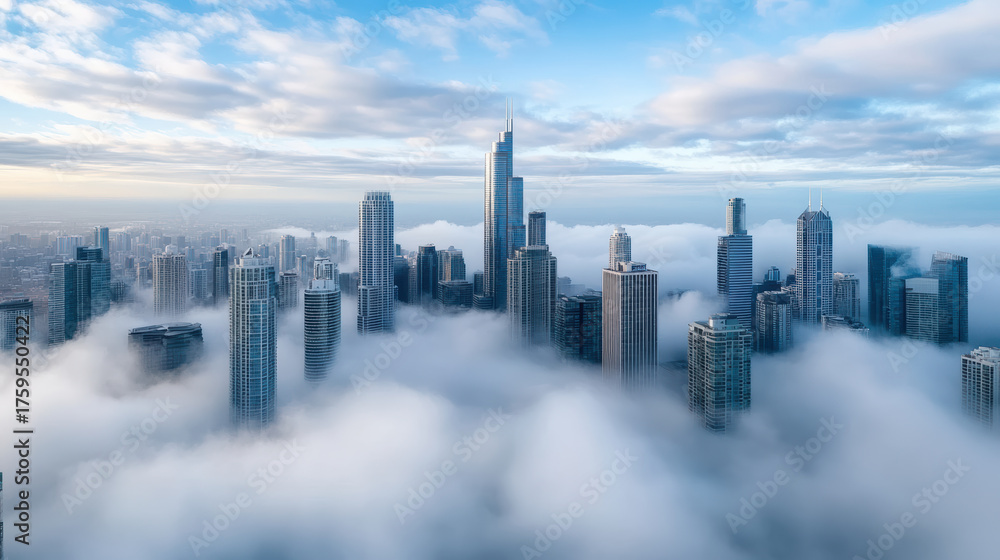 Fototapeta premium Dreamy city skyline emerging from mist, showcasing urban tranquility and modern architecture