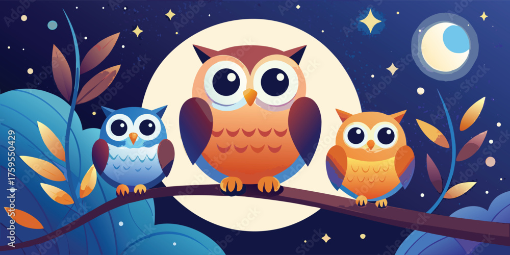 Obraz premium wildlife of three cute owls sitting under the moonlight at night in vector illustration art