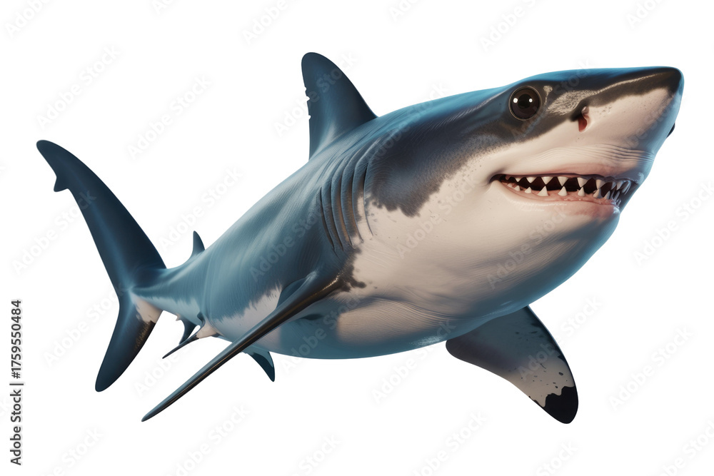 Fototapeta premium A detailed 3D render of a great white shark, swimming with its mouth slightly open, showcasing sharp teeth and intense eyes. background removed