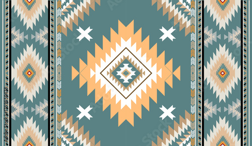 Seamless geometric ethnic pattern inspired by Native American tribal fabric. Traditional Aztec and Navajo style carpet and tile vector design on navy  background. Perfect for textile, wrapping,
