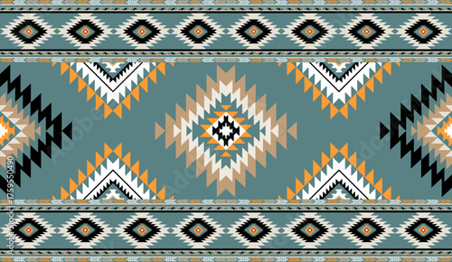 Seamless geometric ethnic pattern inspired by Native American tribal fabric. Traditional Aztec and Navajo style carpet and tile vector design on navy  background. Perfect for textile, wrapping,