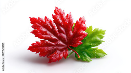 Red leaf and green leaf with water drops on white background, fresh nature concept with vibrant colors and detailed texture