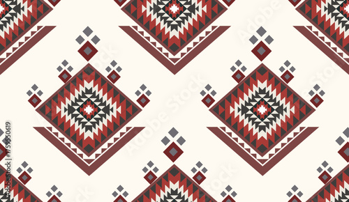 Seamless geometric ethnic pattern inspired by Native American tribal fabric. Traditional Aztec and Navajo style carpet and tile vector design on navy blue background. Perfect for textile, wrapping,