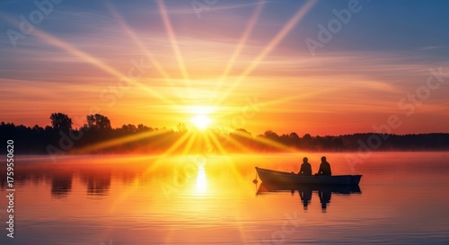 Two people in a small boat on a calm lake at sunrise, with bright sun rays shining through the orange sky.