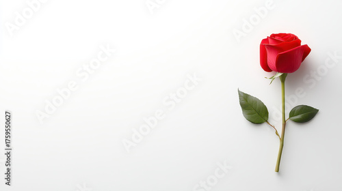 Red rose flower with green leaves on white background, symbol of love and romance, elegant and fresh beauty