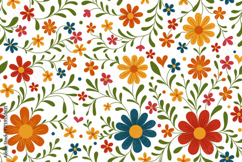 Mexican flower pattern with floral folk seamless colorful vector background and decorative motifs. Ideal for prints and textiles or invitations by designers. Bright repeat for decor.