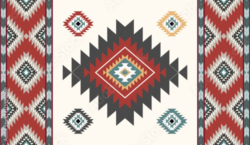 Seamless geometric ethnic pattern inspired by Native American tribal fabric. Traditional Aztec and Navajo style carpet and tile vector design on navy  background. Perfect for textile, wrapping,