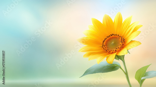 Sunflower with bright yellow petals and green leaves stands against soft blurred background creating warm and peaceful mood