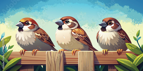 Three adorable sparrows standing on a wooden fence in a garden vector illustration, birds collection